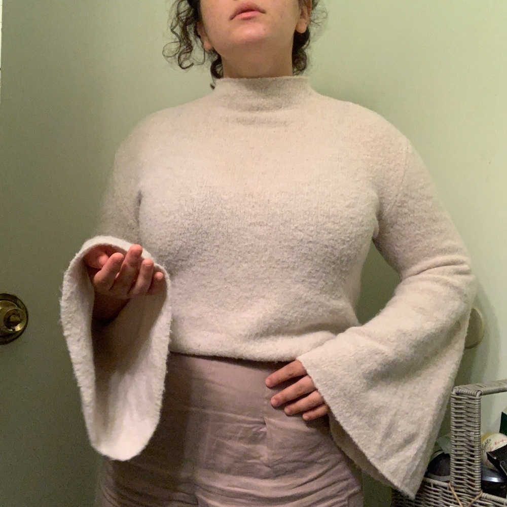 cream bell sleeved mock neck sweater